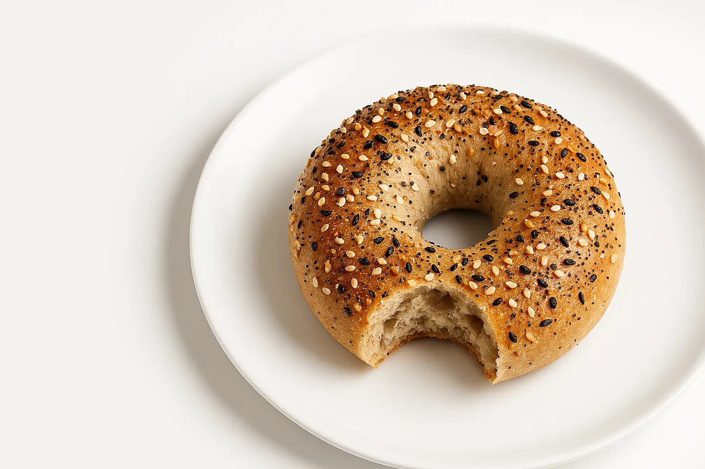 The same everything bagel, now with a bite taken out of it, on a white plate.