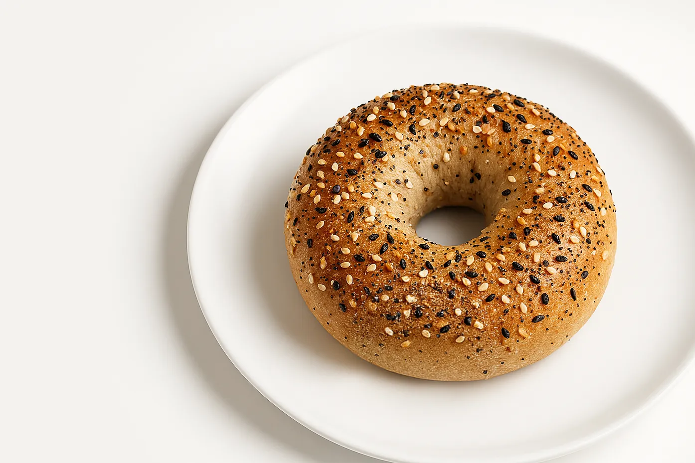 An everything bagel, covered in poppy seeds, sesame seeds, and salt, on a white plate.