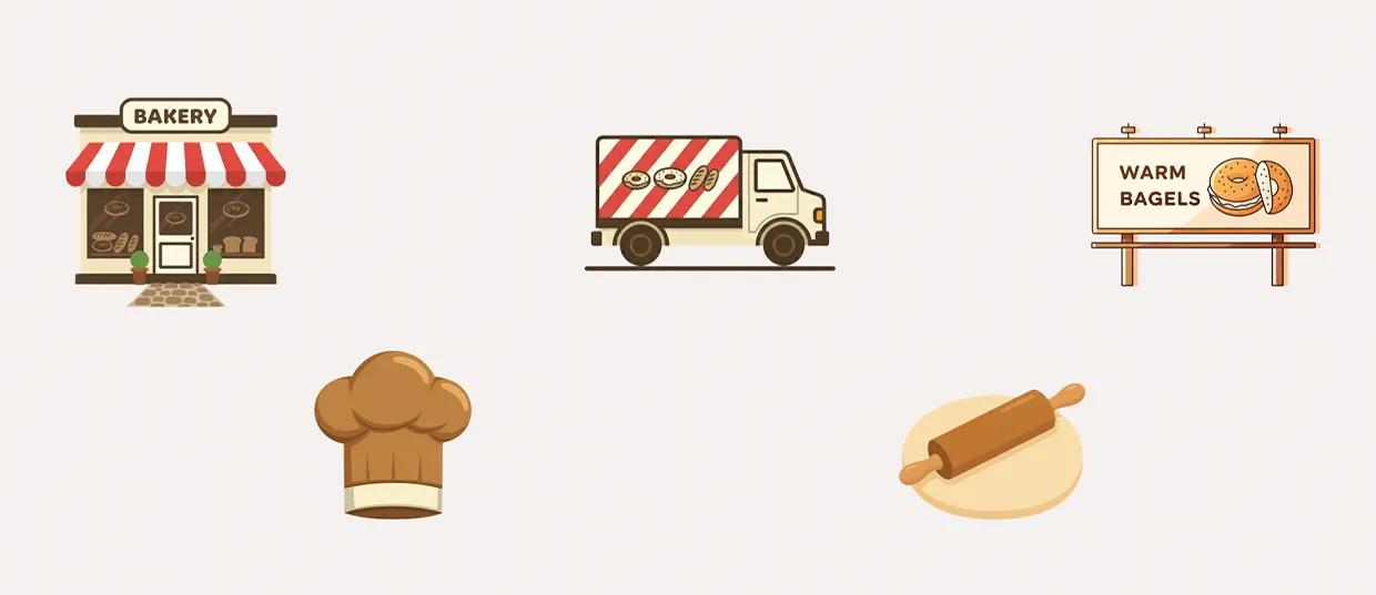 Three icons: a bakery storefront, a delivery truck carrying bagels, and a billboard advertising warm bagels.