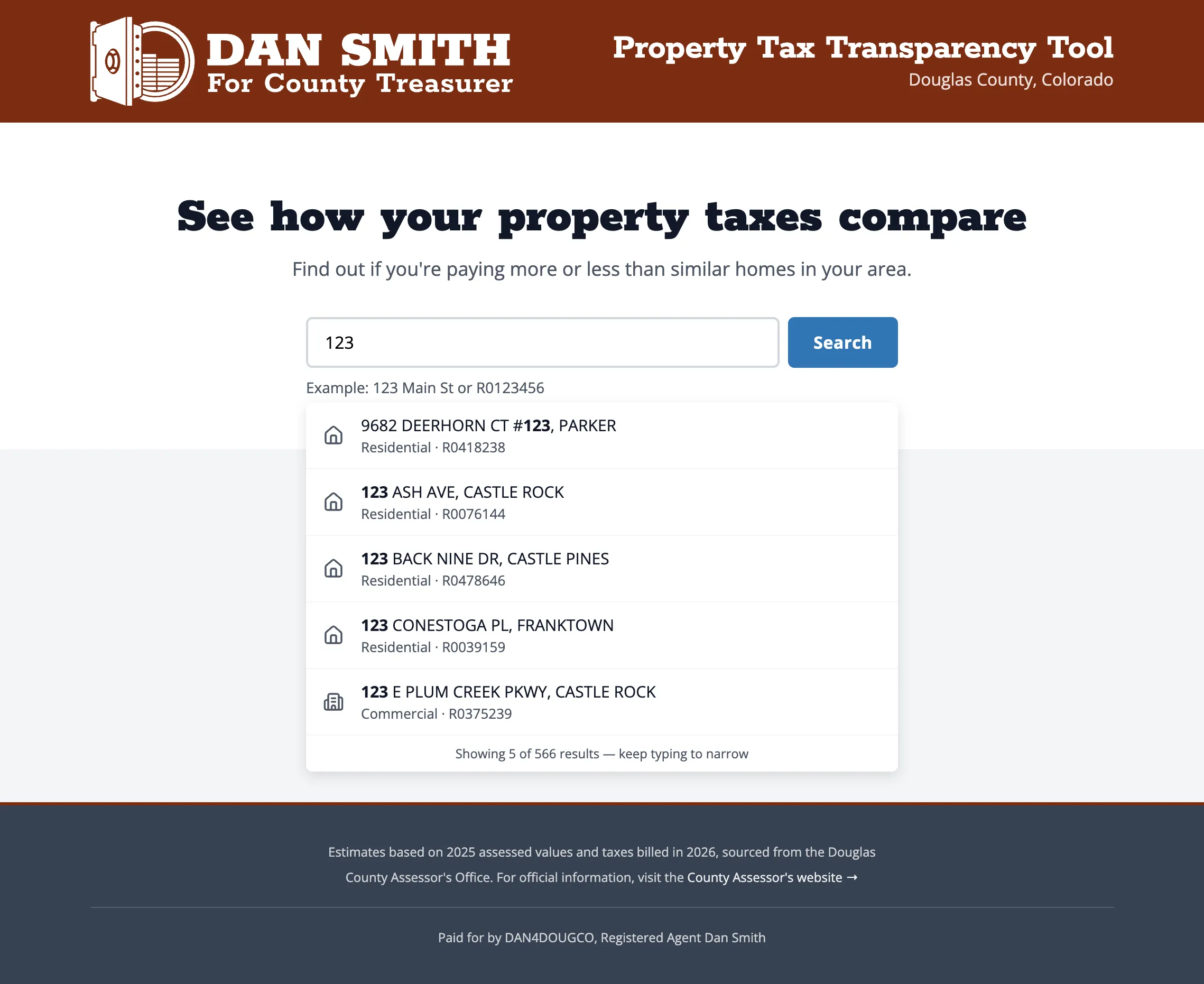 The tool's search page: a headline reading 'See how your property taxes compare', a search box with an autocomplete dropdown matching an address across the county's properties.